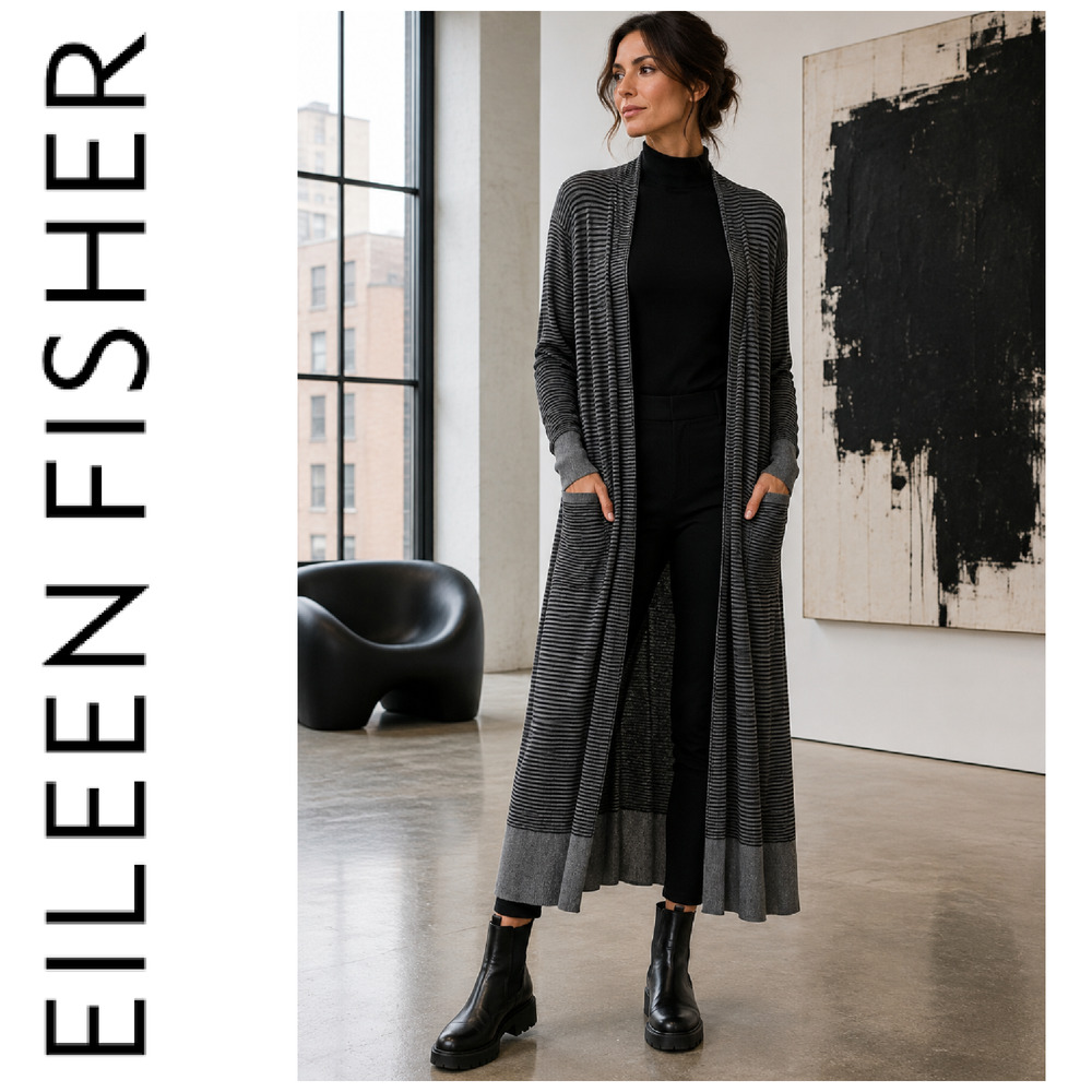 Eileen Fisher Sz M Striped Long Duster Cardigan Italian Yarn Cozy Knit Pockets